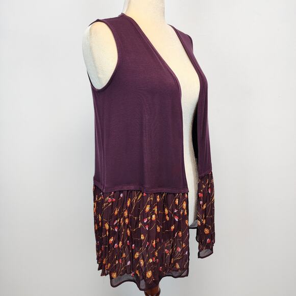 Lori Goldstein Sleeveless Cardigan Top Size XS Plum Modal Floral Chiffon Trim - Picture 3 of 12